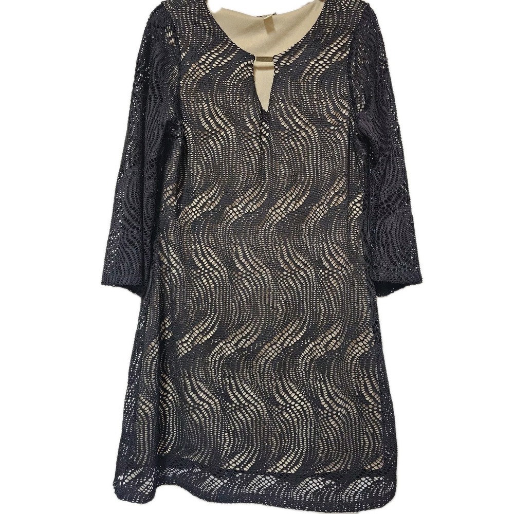 Hanni Women's Black Mesh Overlay Tan Slip 3/4 Sleeve Dress Size Large EUC